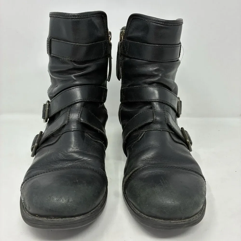 UGG Finney Black Suede 3 Buckle Strap Motorcycle Cap Toe & Zip Mid Calf Boots 8